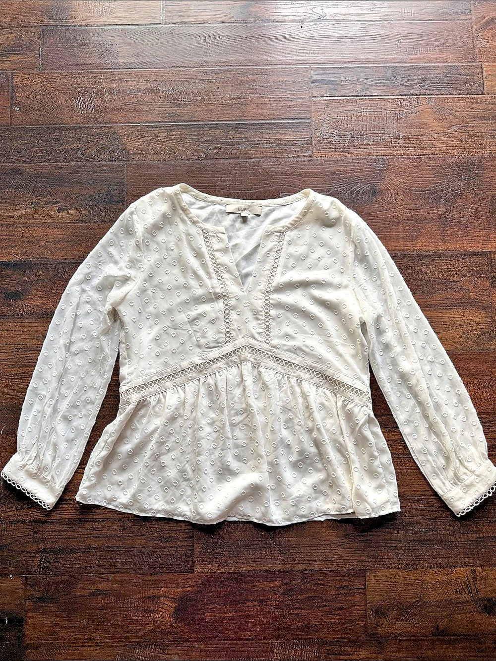 LOFT Eyelet Long Sleeve Blouse in White Size Medium
